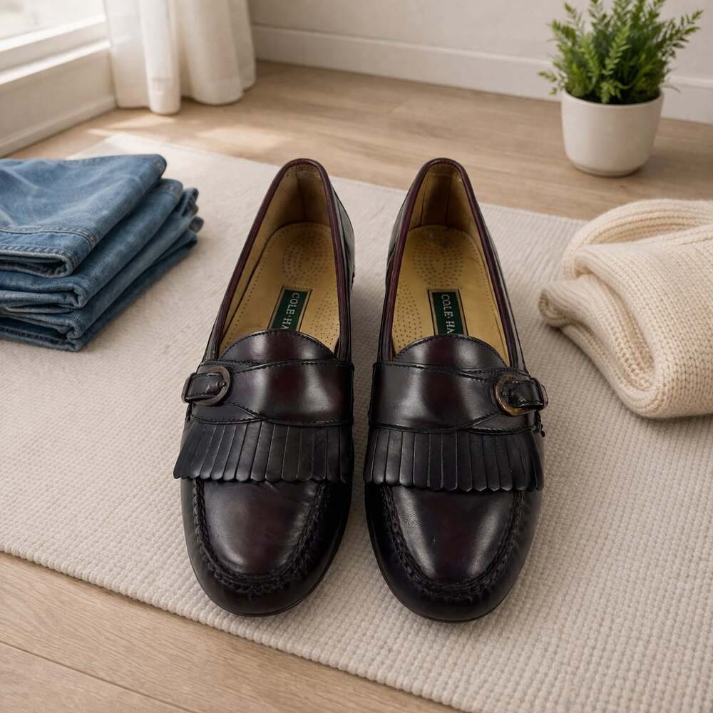 Cole Haan Burgundy Leather Kiltie Loafers Buckle Dress Shoes Men 10.5 D